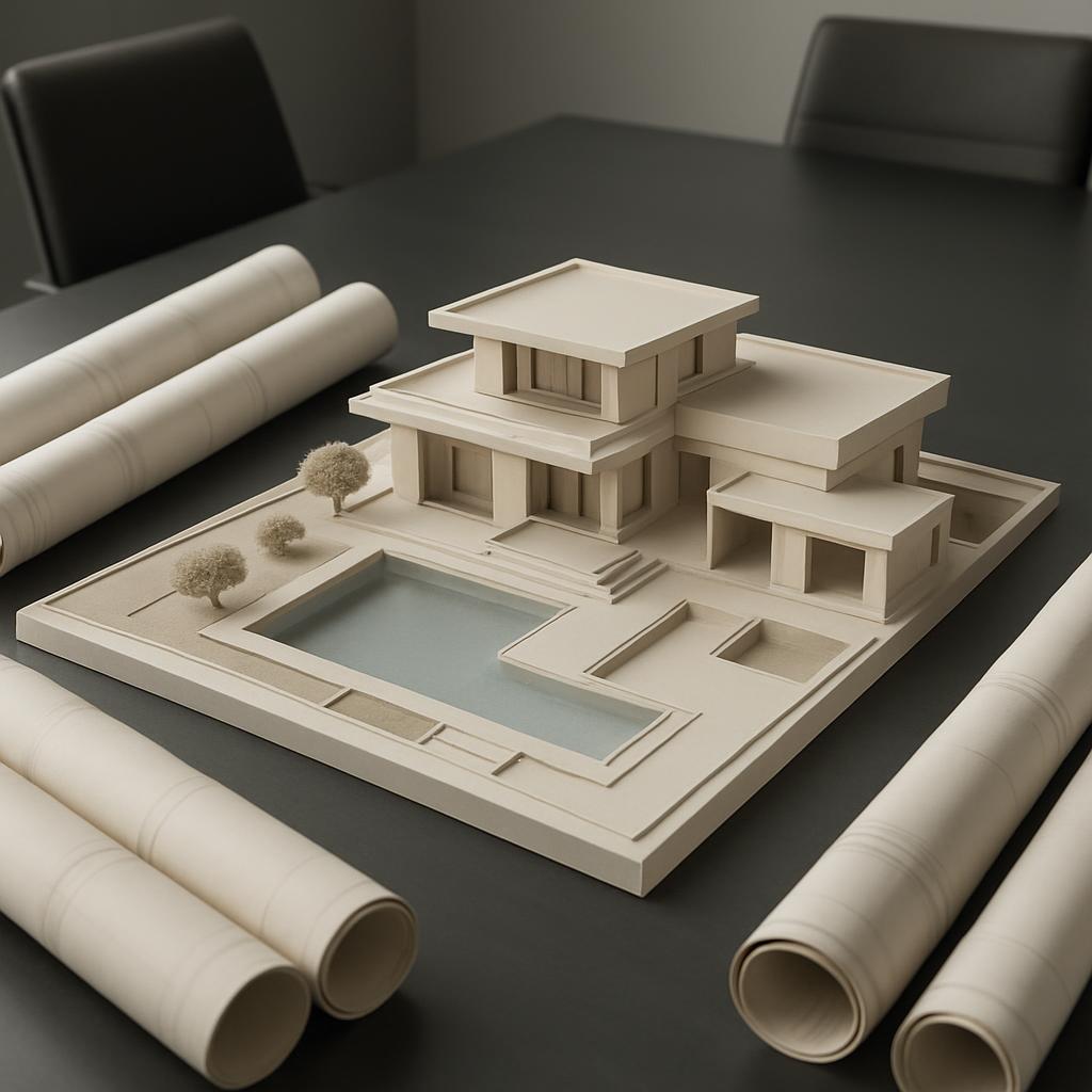 Un modello architettonico su un tavolo, con uno scenario di casa moderna, con i progetti e le pergamene.